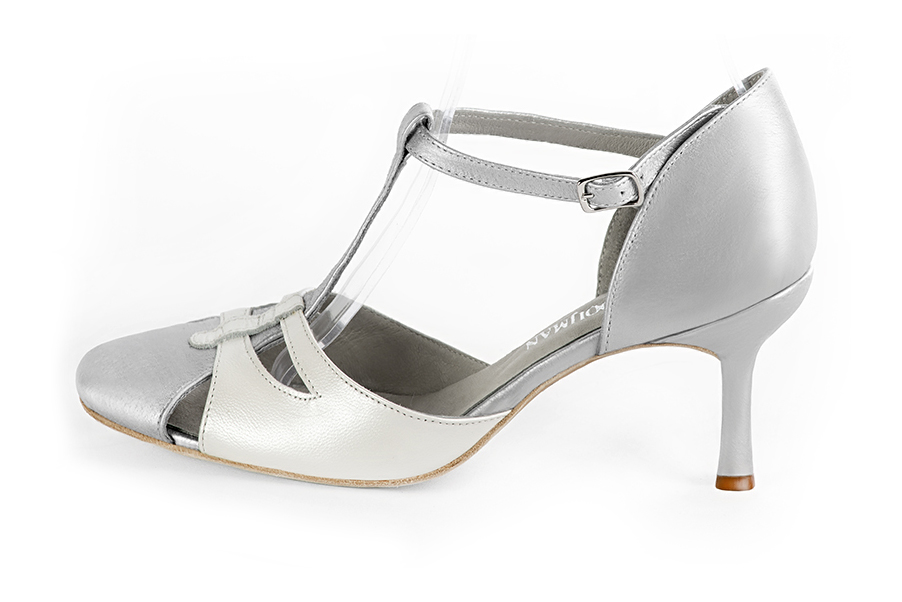 French elegance and refinement for these light silver and pure white dress T-strap open side shoes, 
                available in many subtle leather and colour combinations. A pretty model with a comfortable "Salomé" strap and good support.
Its charming spyglass cut-out gives you plenty of scope for personalisation.  
                Matching clutches for parties, ceremonies and weddings.   
                You can customize these shoes to perfectly match your tastes or needs, and have a unique model.  
                Choice of leathers, colours, knots and heels. 
                Wide range of materials and shades carefully chosen.  
                Rich collection of flat, low, mid and high heels.  
                Small and large shoe sizes - Florence KOOIJMAN